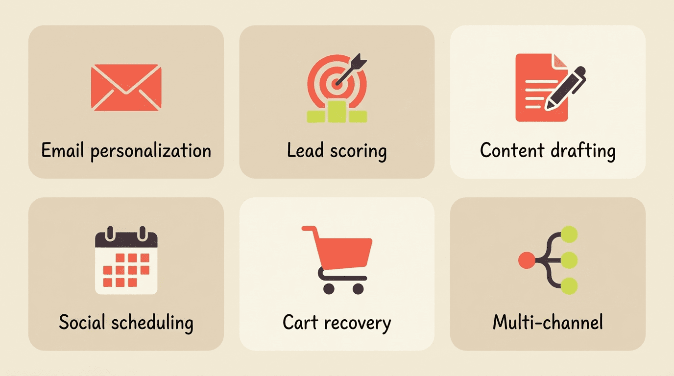 Grid of six AI marketing workflows: email personalization, lead scoring, content drafting, social scheduling, cart recovery, multi-channel
