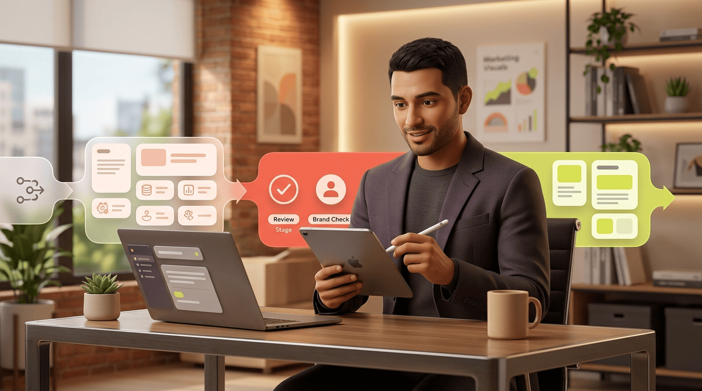 A marketer reviewing an AI-drafted marketing piece as a human checkpoint between two automated steps